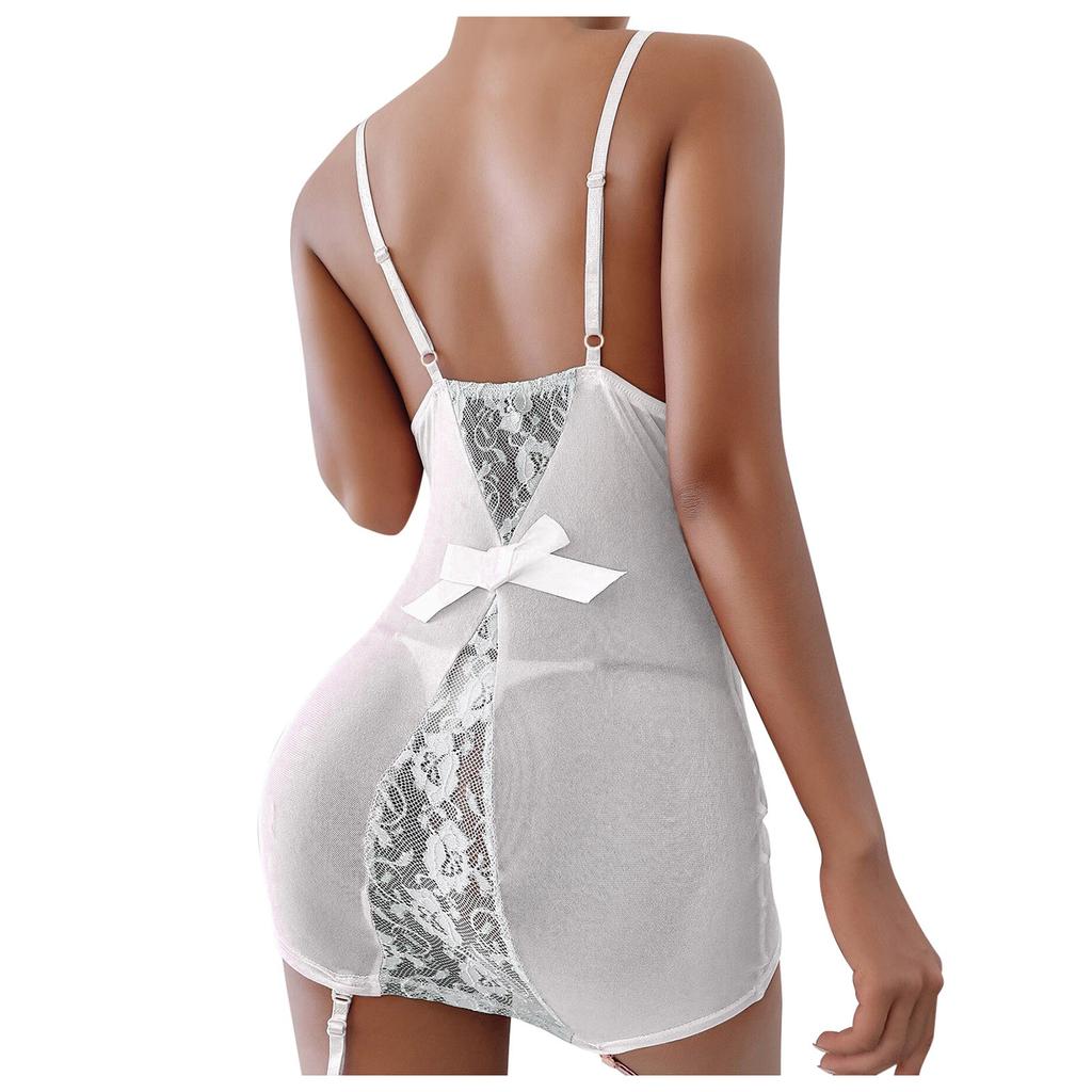 Women Lace Lingerie V-Neck Bra Thong With Garter Underwear Pajamas Suit Set