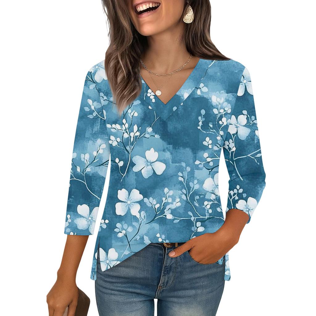 3/4 Sleeve Shirts For Women Print Graphic Tees Blouses Casual Plus Size Basic Tops Pullover