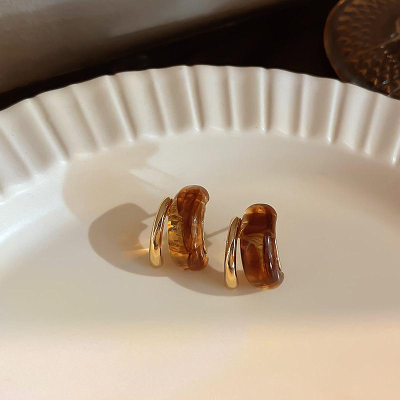 Maillard coffee color amber earrings women's autumn and winter high-end commuter style earrings light luxury niche design earrings