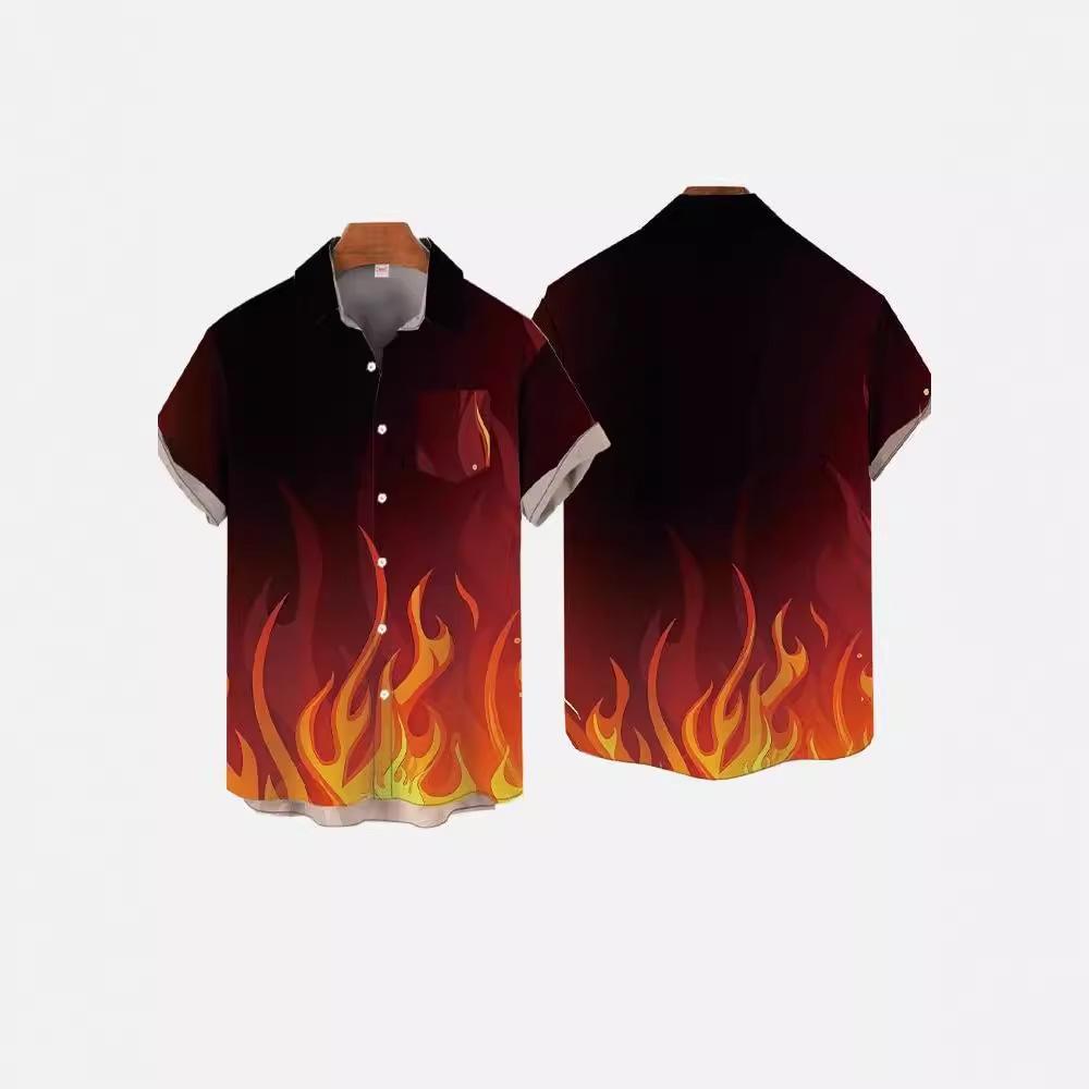 Tendenza nuova strada hip-hop Haraan fiamma stampa 1D casual larga manica corta camicia cardigan uomo estate e autunno