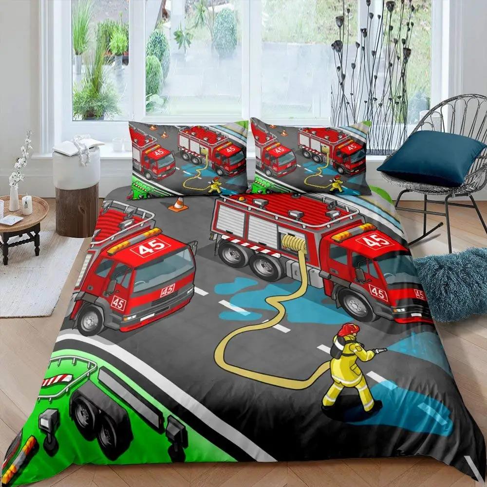 Filtration Facilities Unisex Red Fire Truck Fireman King Quen Soft Duvet Cover Fire Fighting Suplies Beding Set For Kid Fire Extinguisher Polyester Comfortable Quilt Cover