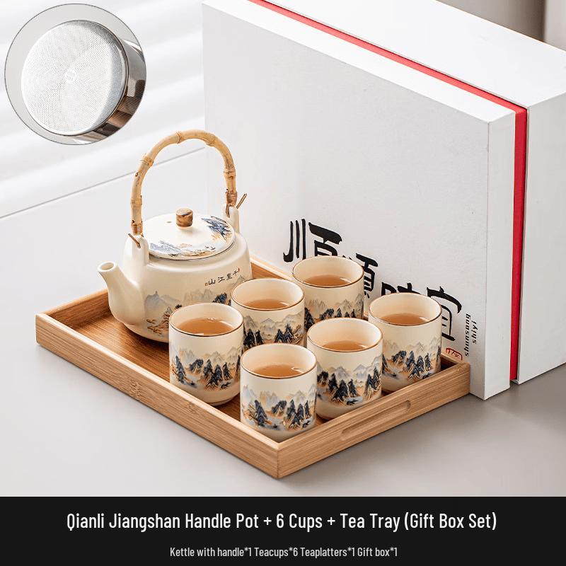 Chaxun Ru Kiln Tea Set with Bamboo Handle Teapot & Landscape Design 1