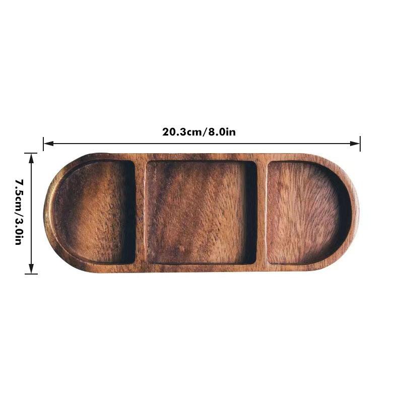 Vintage Wooden Seasoning Dipping Dish, 3-Grid Saucer Appetizer Plate, Dry Fruits Snack ServingTray for Restaurant / Kitchen