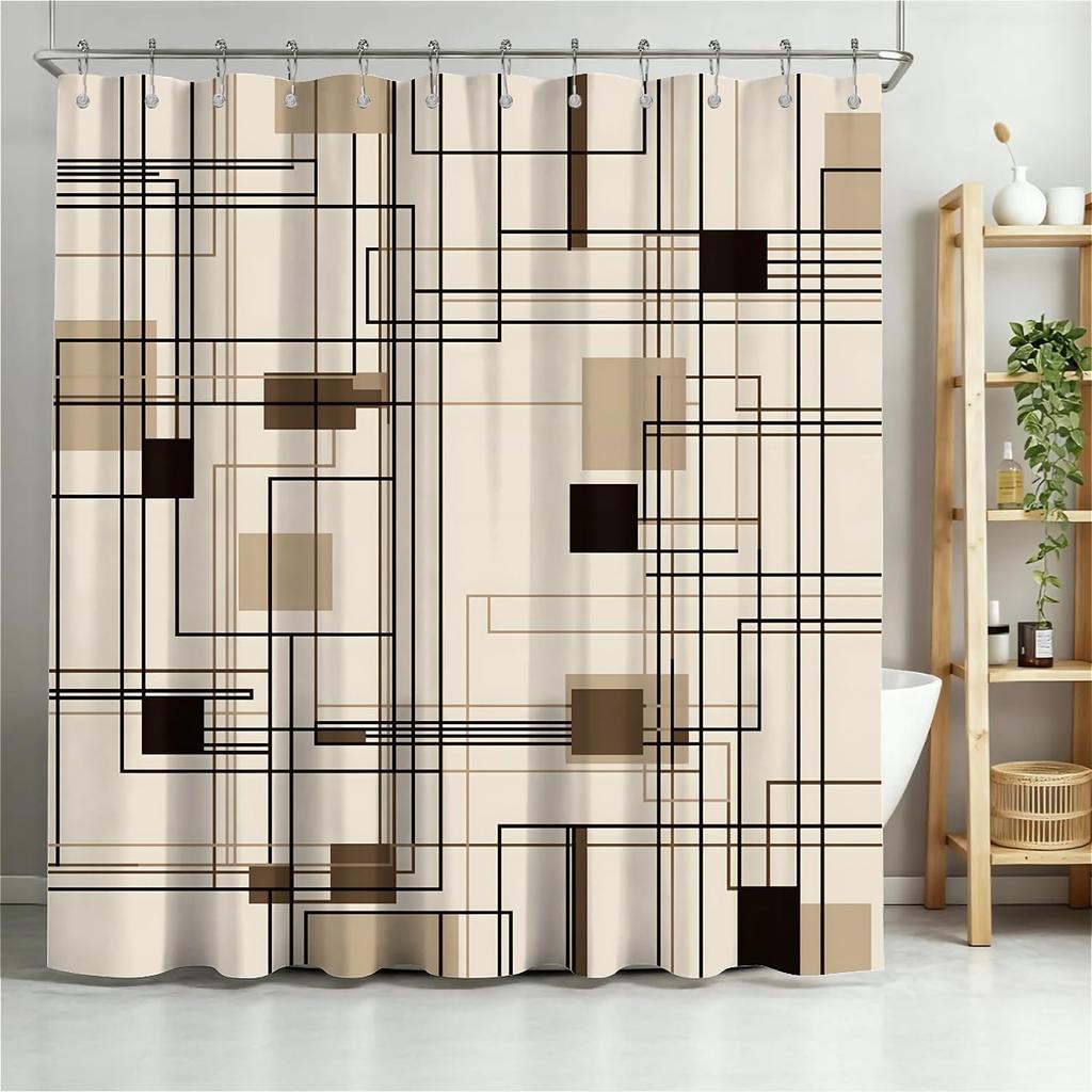 Moderní abstraktní geometrická sprchová závěs Béžová Taupe Hnědá Koupelnová dekorace Minimalistický Polyester Voděodolná Závěsná stěna Umění Domácí