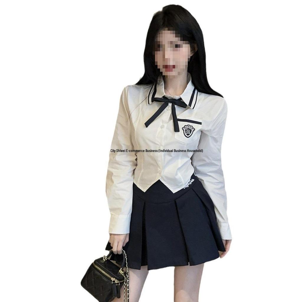 Preppy Autumn JK Set: Long Sleeve Shirt & High Waist Pleated Skirt