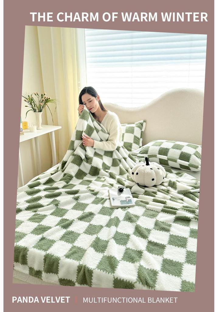 Panda Plaid Plush Flannel Blanket - Thick, Comfortable, and Cozy for Autumn and Winter