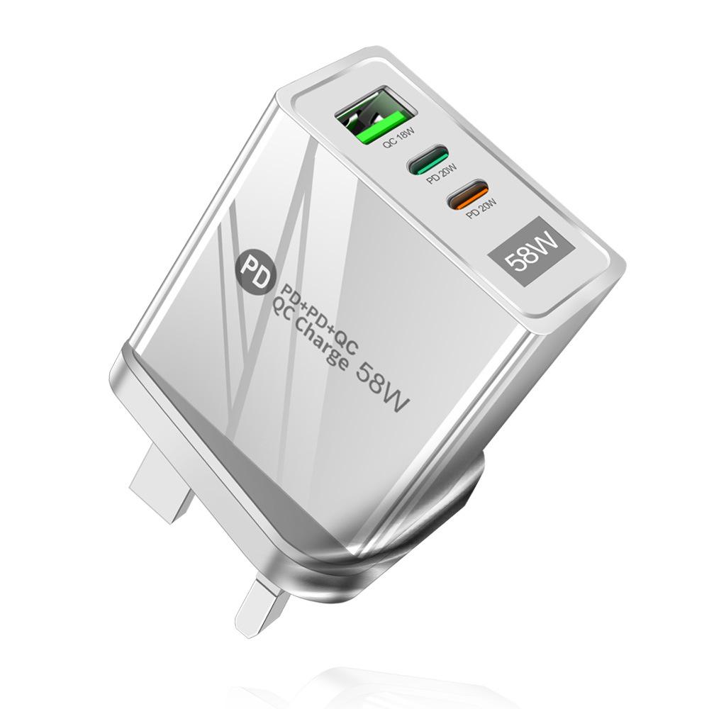 58W Fast Charging USB + Dual PD Travel Charger with EU/US/UK/KR/AU Plug, Type-C Compatible