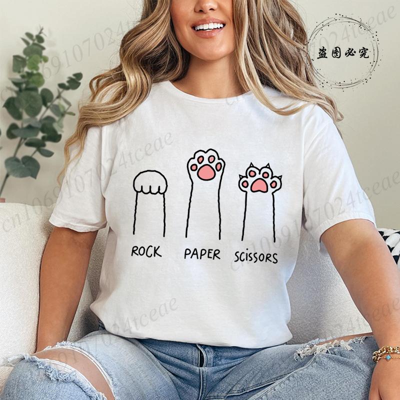 Rock Paper Scissors Tshirt Funny Cat Paw Print T-Shirt Summer Fashion Cat Lover Tshirt Women Men Short Sleeve Tee Shirt Clothing