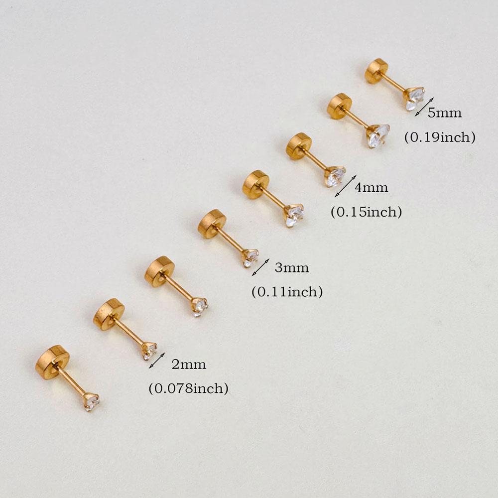 6Pairs Stainless Steel Flat Back Screw Studs Earrings For Women Men 4 Prong Tragus Small Round Clear Cubic Zirconia Ear Jewelry
