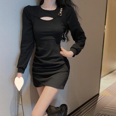 Temperament Hollow Black Dress for Women In Spring and Autumn New Fashionable Internet Celebrity Hot Girl Waist-hugging and Slimming Hip Skirt