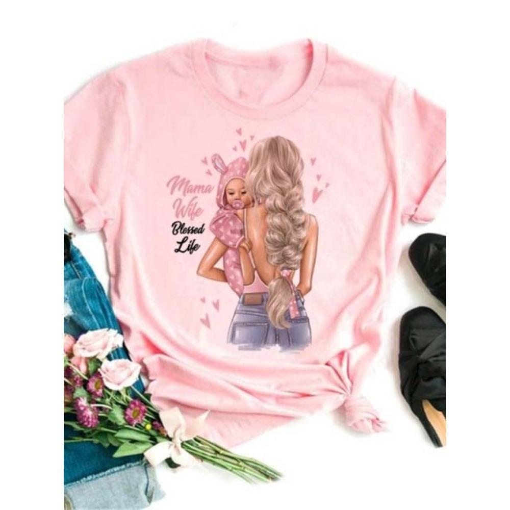 Maycaur Women T Shirt Cartoon Mom Daughter Son Print Lady T-shirts Short Sleeve Tops Women's Kawaii Graphic Female Tshirt Clothe
