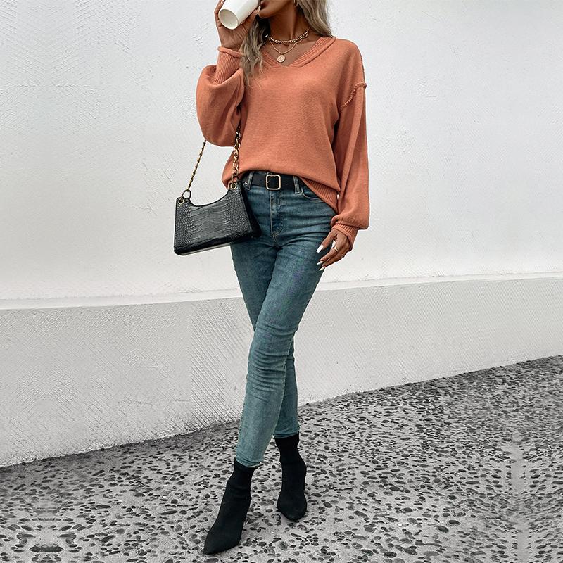 YYFS Γυναικεία μόδα casual μονόχρωμα φθινοπωρινά χειμερινά μακρυμάνικα πουλόβερ με λαιμόκοψη V