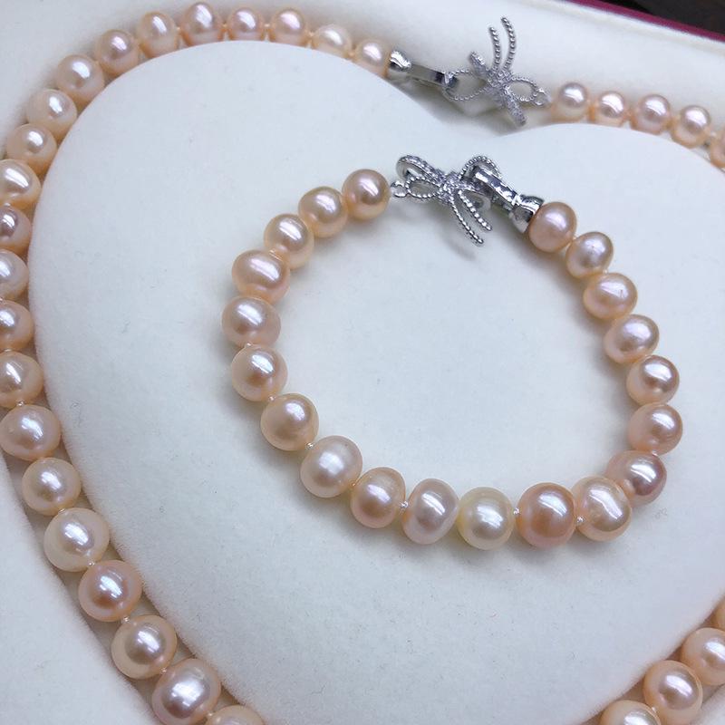 Exquisite Natural Freshwater Pearl Necklace Set - Near Round, Slightly Imperfect Pearls In Original Color, Elegant Jewelry Gift Box for Women