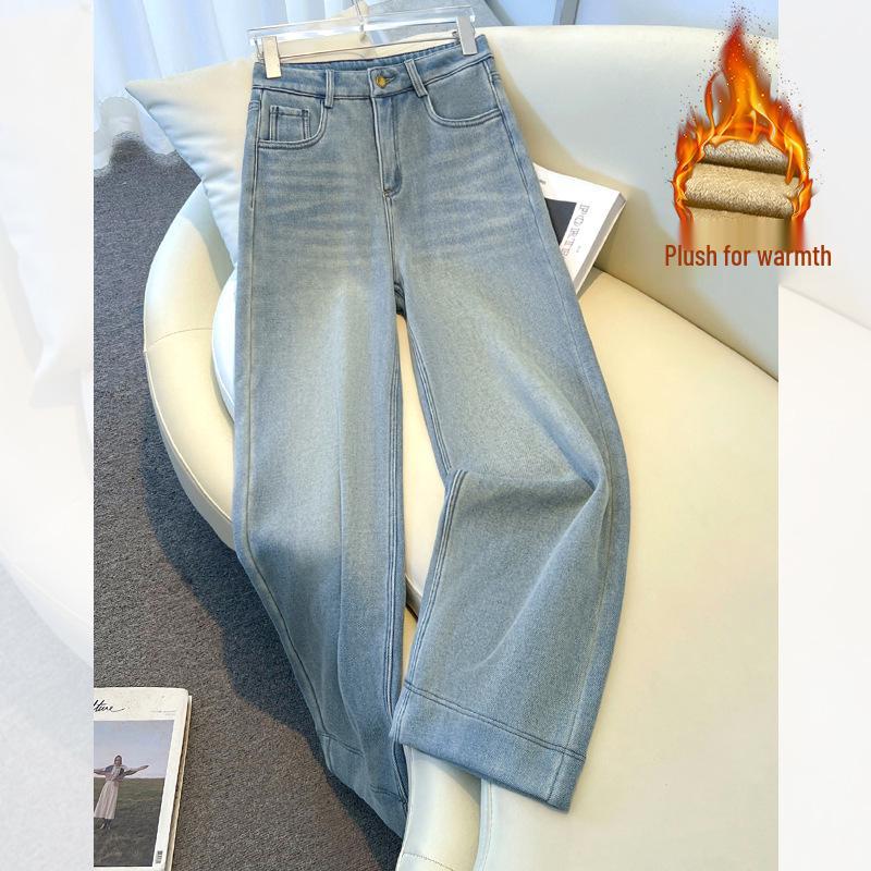 2024 High-Waisted Fleece-Lined Cropped Straight-Leg Retro Dark Blue Women's Jeans for Autumn/Winter
