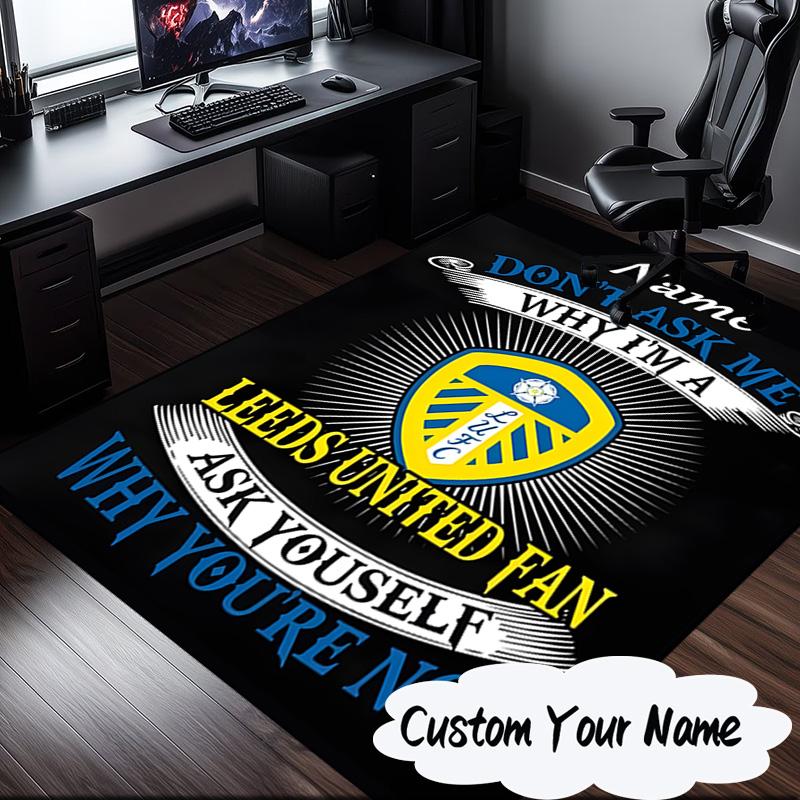 Custom Name Leeds Football Crest Rug for Living Room, Game Rooms, Office, Bedroom, Floor Mat Playful Design, Fan Gifts Christmas Decor