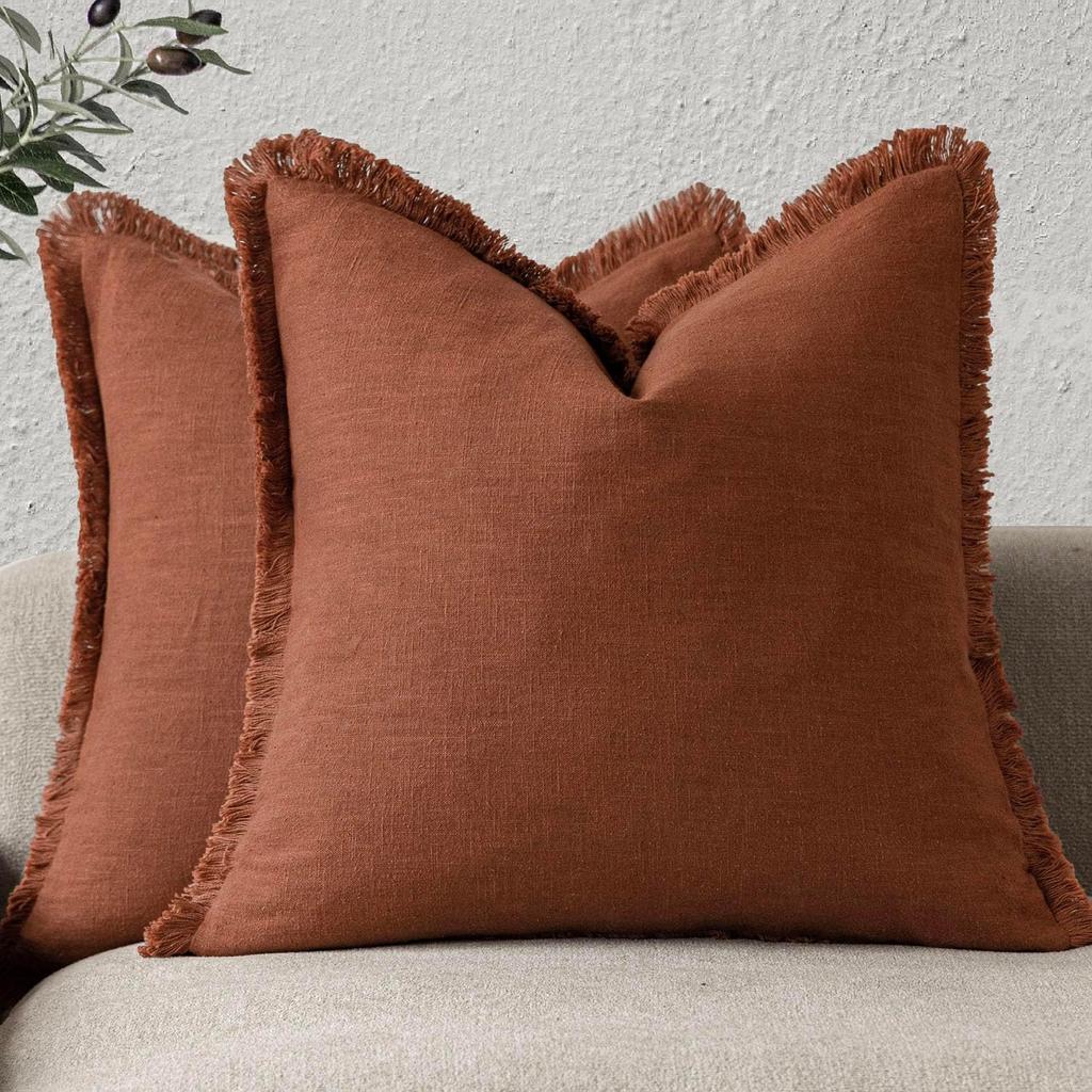 Fundas de Cojín Decorativas de Lino Verde Oliva con Flecos Estilo Boho Granja con Borlas Funda de Cojín para Sofá Sala de Estar 18×18 Pulgadas