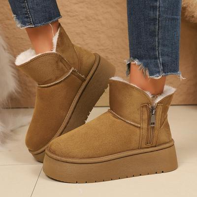 Botas de Neve com Decoração de Zíper Lateral Femininas 2025 Moda de Inverno Solado Grosso Botins Peludos Quentes de Pelúcia Curta