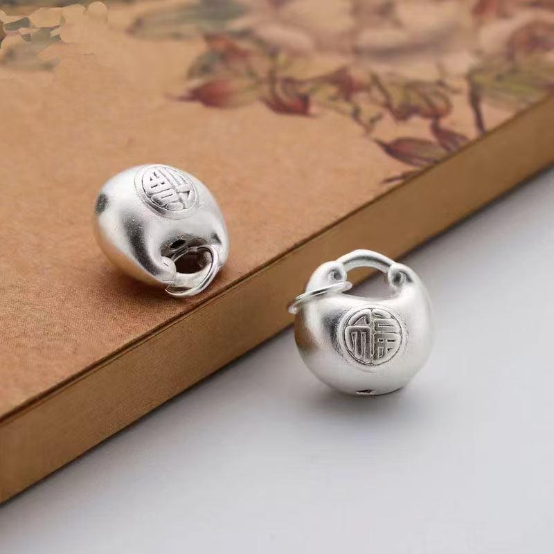 S990 Sterling Silver Fu Gourd Pendant & Braided Rope Bracelet Accessories - Chinese Style Silver Spacer Beads.