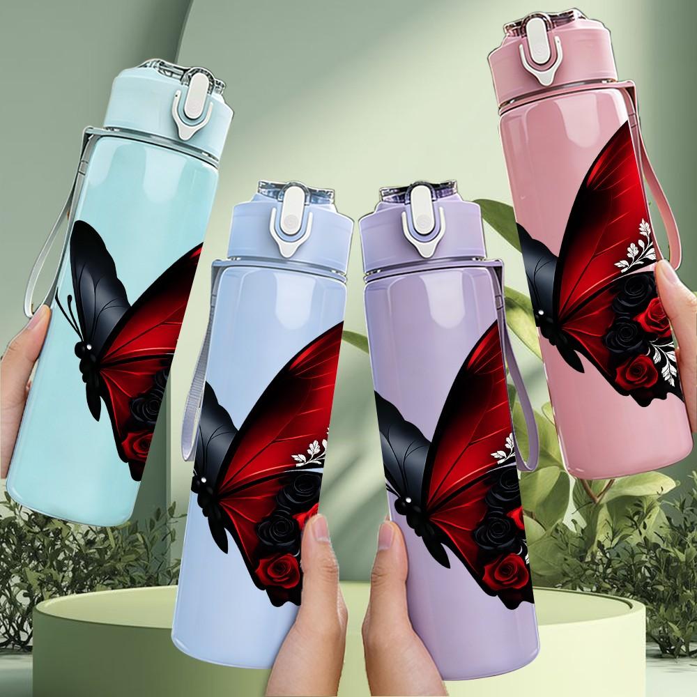 1PC Red Black Butterfly Wing Art Print 750ml Color Plastic Sports Water Bottle Leakproof Flip Straw Lid Suitable for Sports Office Home Use