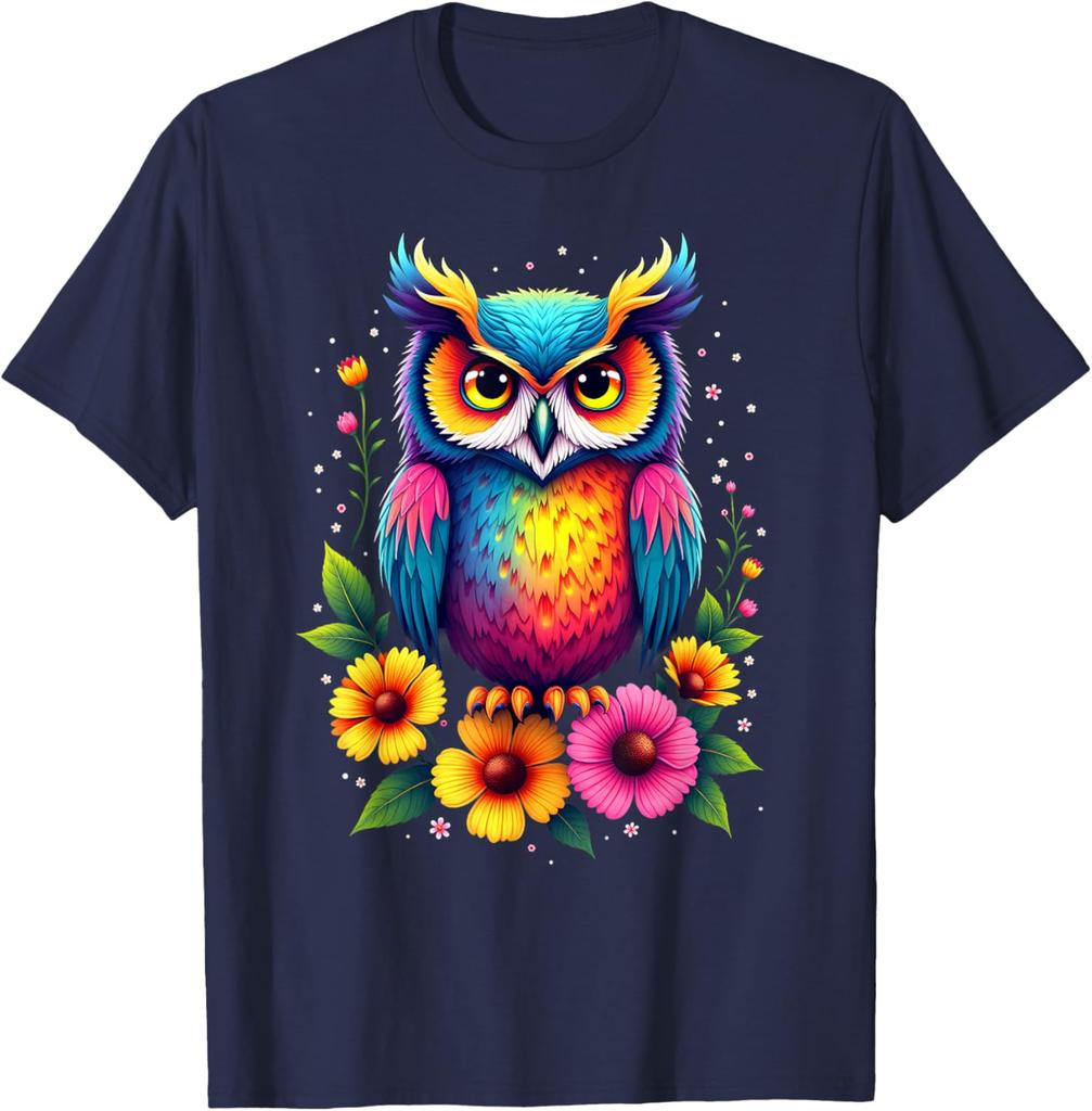 Colorful Rainbow Owl Graphic Tee Men's Cotton Casual Round Neck T-Shirt Trip