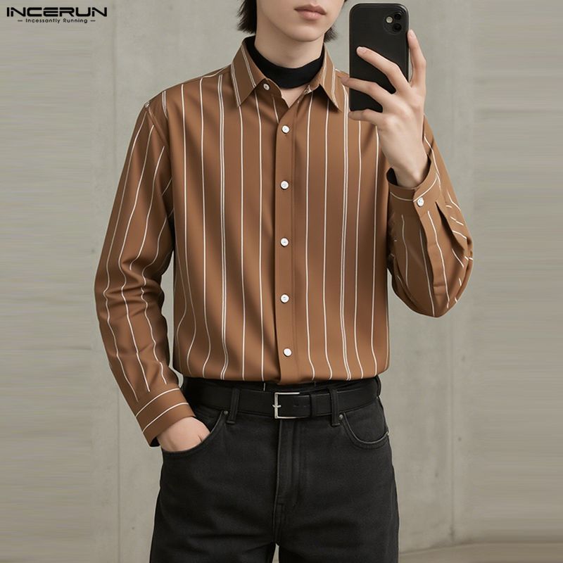 INCERUN Oversized Men Turn-down Collar Long Sleeve Striped Casual Loose Shirts