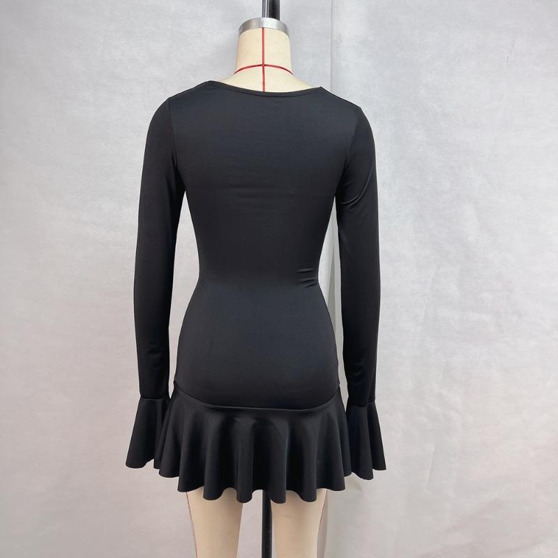 Women's Autumn and Winter Solid Color Low Neck Sexy Long Sleeve Ruffle Dresses