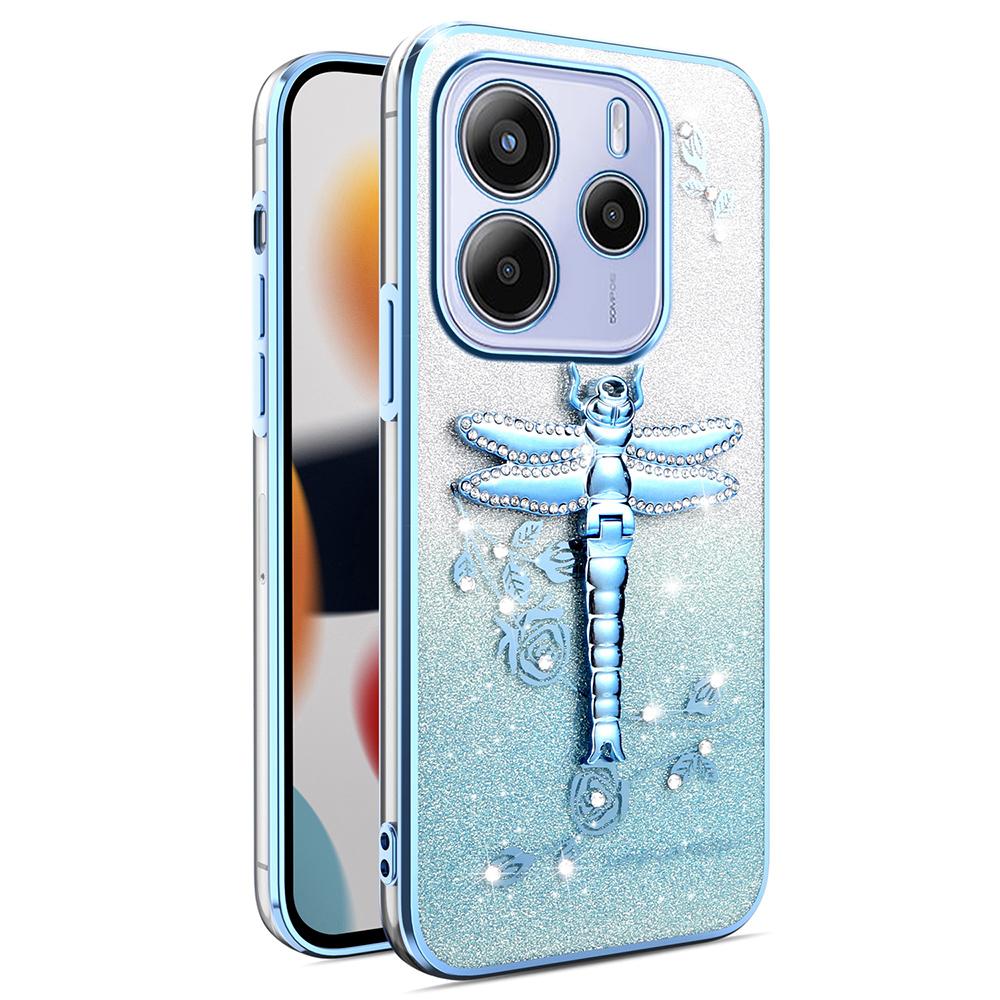 

KADEM For Xiaomi Redmi Note 14 5G Case Dragonfly Kickstand TPU Flowers Glitter Phone Cover Blue
