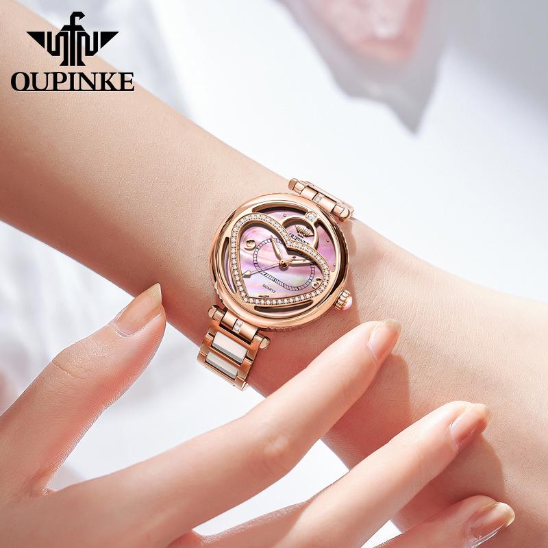 OUPINKE Markenuhren Damen Diamantbesetzte Vierblatt-Quarz-wasserdichte Uhr Damenuhr