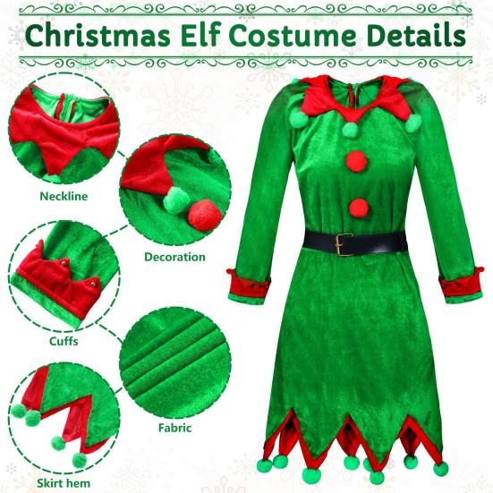 Kids Christmas Elf Costume Green Velvet Dress with Hat Shoes & Accessories for Boys Girls Holiday Play Outfit for School Performances Parties