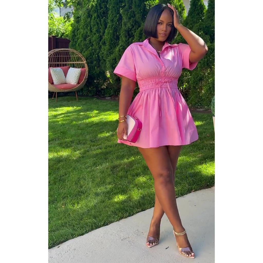 European and American summer new African casual women's clothing high waist elastic drawstring solid color dress