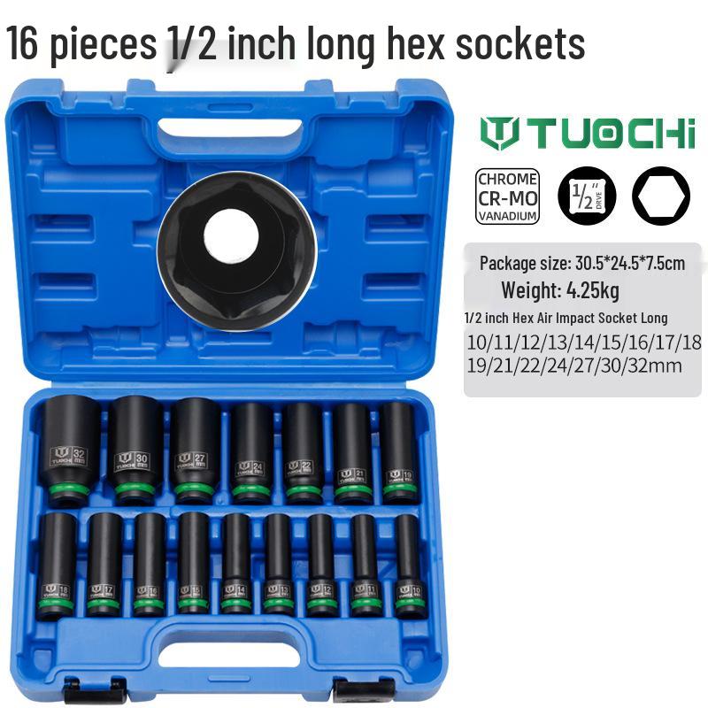 16-Piece Pneumatic Air Cannon Hex Socket Set (10-32mm) for Electric Wrench