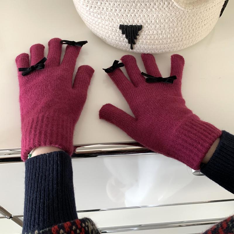 Koreanische Niedliche Schleifenhandschuhe für Damen, um im Winter warm zu halten und mit Touchscreen zu fahren, Neue Fünffingerhandschuhe