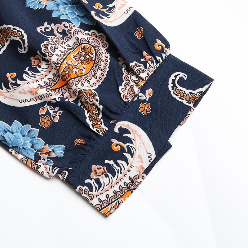 Spring Women Turn Down Collar Long Sleeve Pleated Lace Up Floral Short Chic Dress