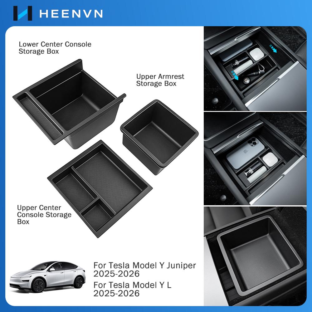 Heenvn 3Pcs For Tesla Model Y Juniper Model YL 2025 2026 ABS Car Center Console Armrest Double-layer Storage Box Organizer Cover