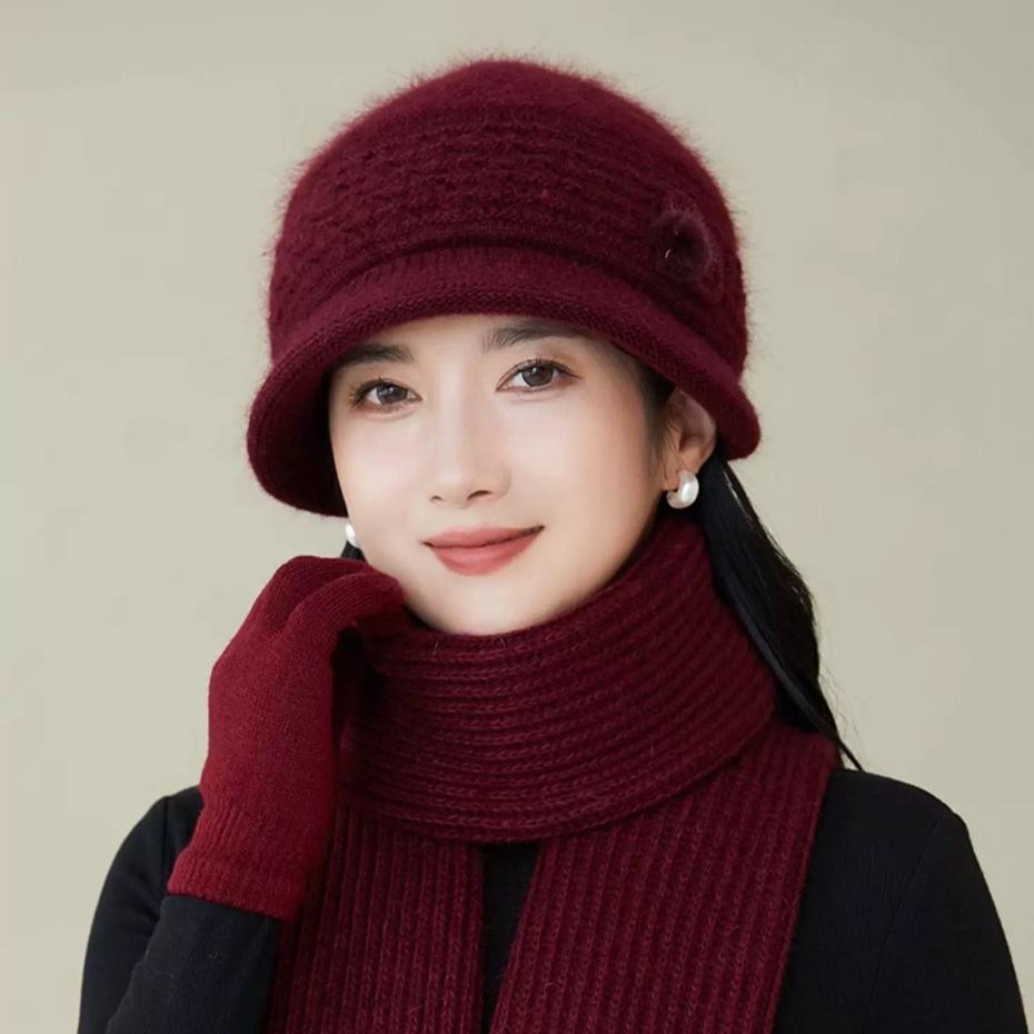 Elastic Furry Hat with Toggle Closure Lightweight Holiday Themed Cap for New Year's Celebration Handcrafted Warm Knit Headwear for Elderly Women