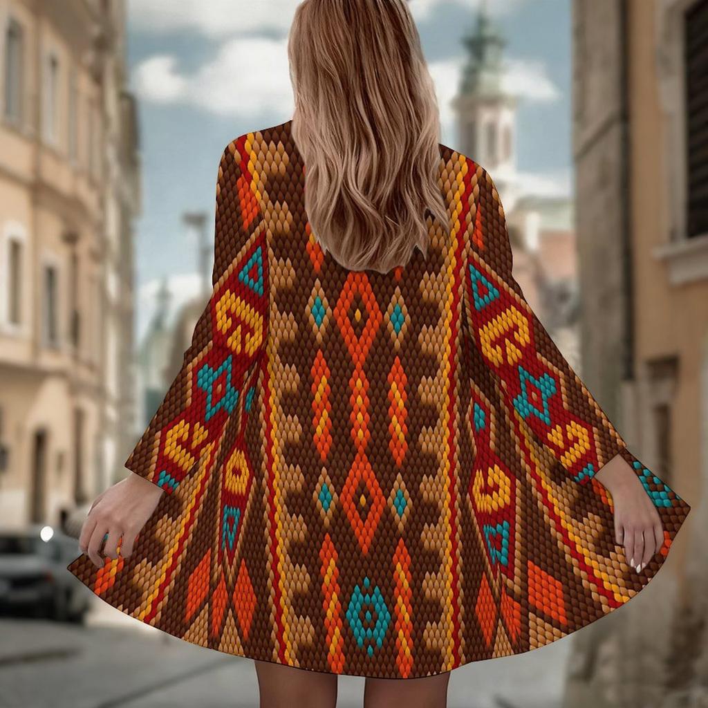 Women's Retro Kilim Motif 3D Print Long Sleeve Open Front Cardigan, Casual Loose Fit Lightweight Street Style Outerwear