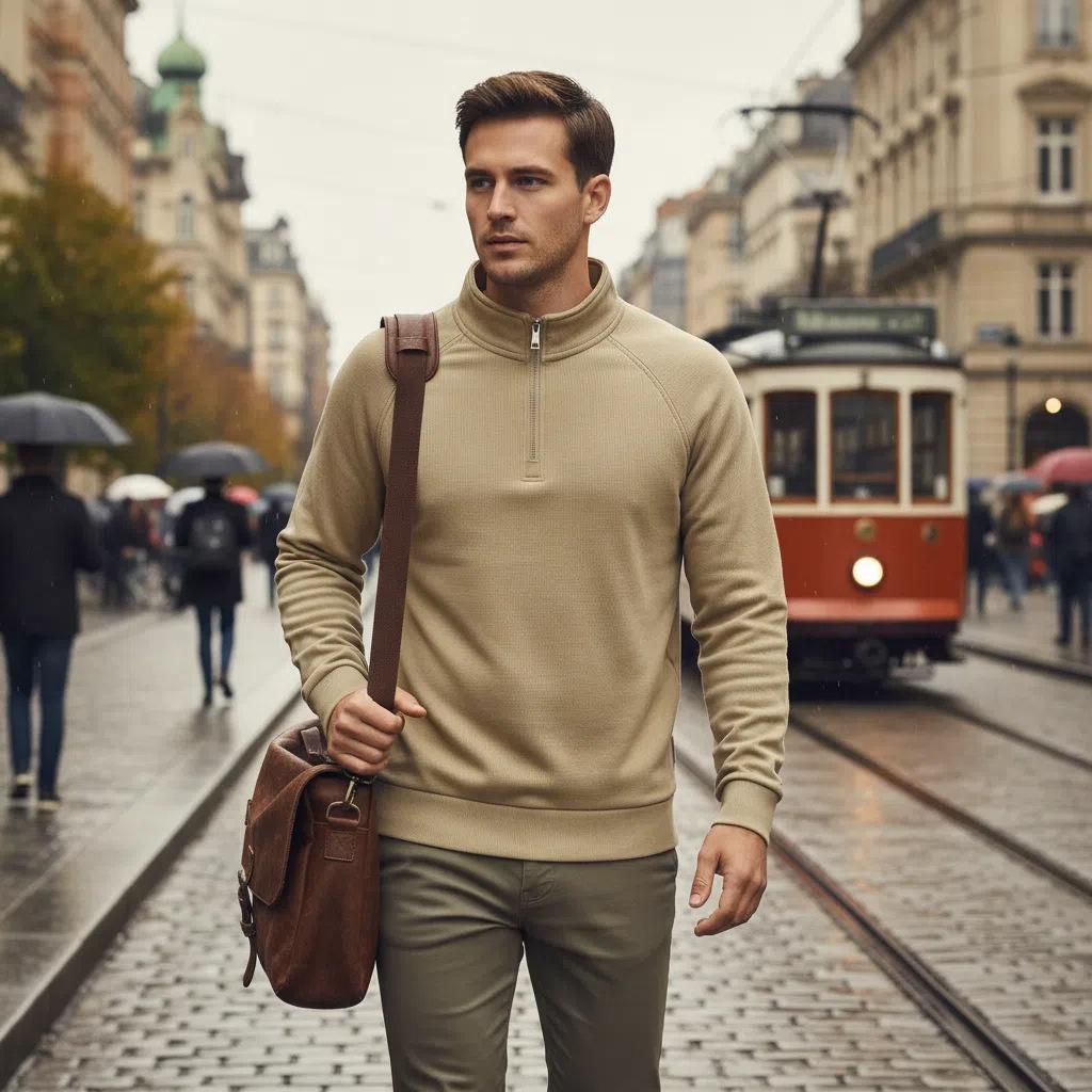 Men's White Half-Zip Sweatshirt Comfortable & Stylish Casual Pullover for Everyday Wear, Urban Streetwear Look
