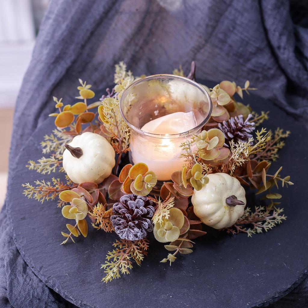 Candle Cup Holder Wreath Stable Artificial Eucalyptus Wreath Pumpkin Candle Holder Wreath Autumn For Living Room Coffee Table