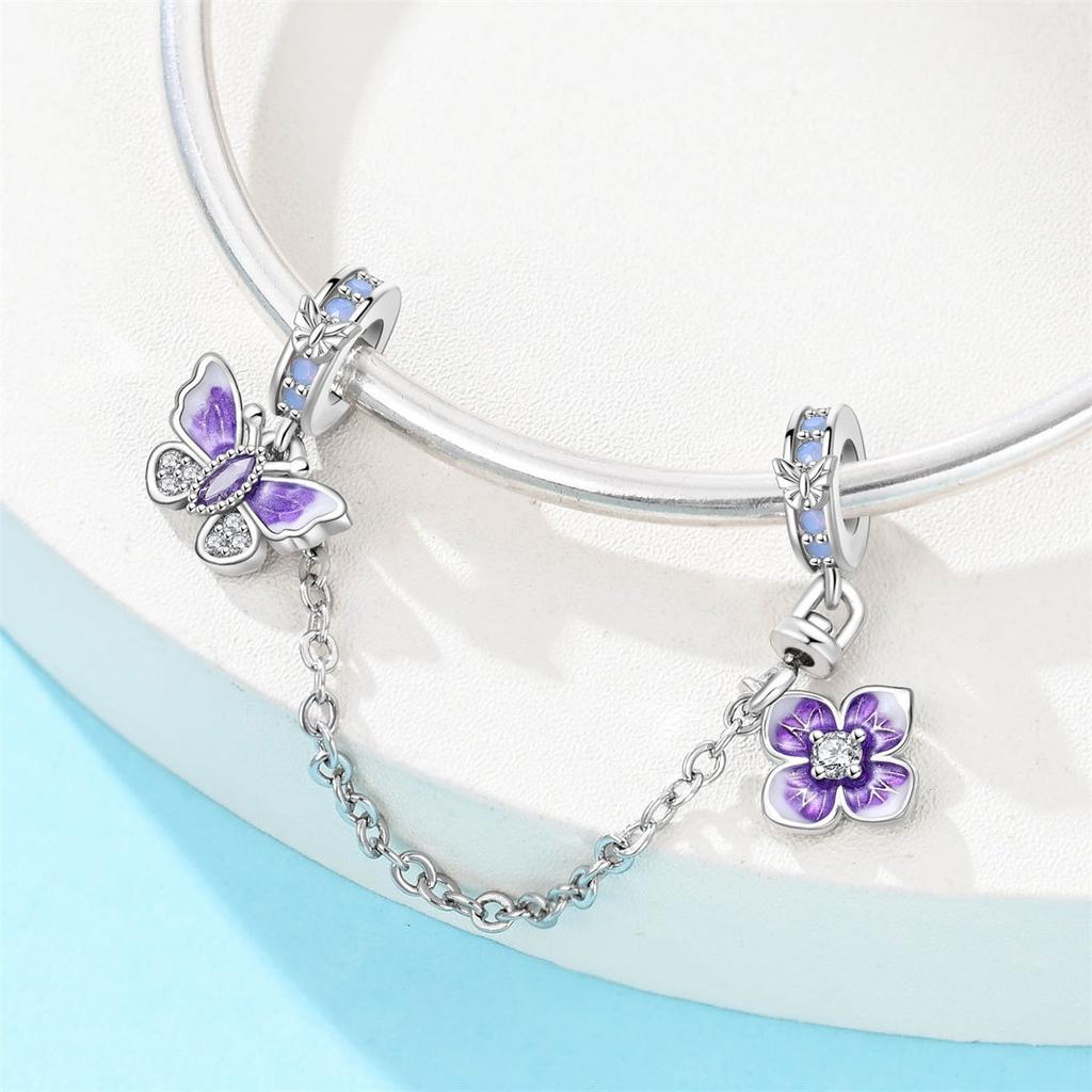 S925 Silver Butterfly Cat Bear Charm Safety Chain Bracelet Elegant Jewelry Gift for Women