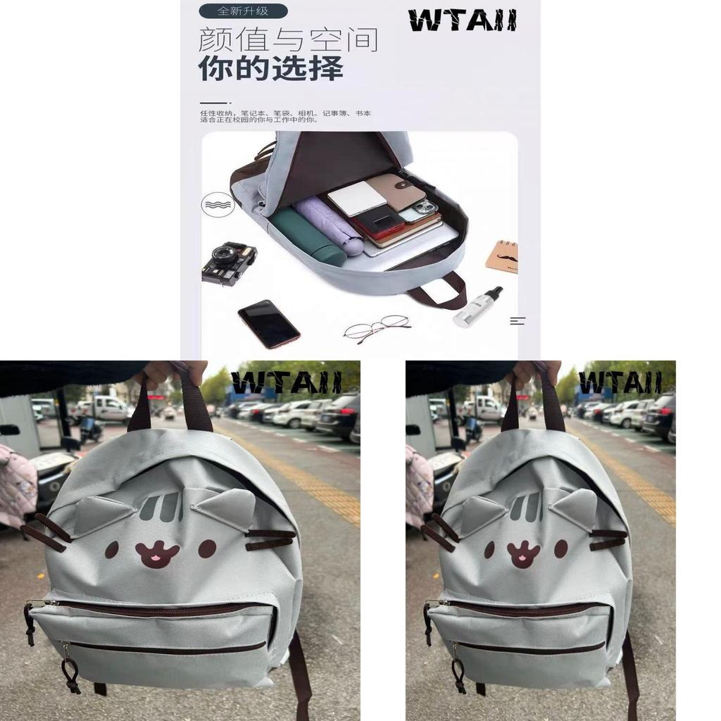 Cat Cartoon Nylon Backpack With Zipper Closure For School And Commuting