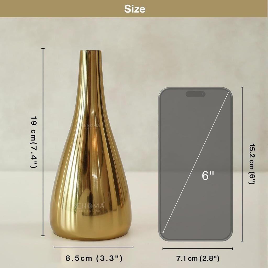 Golden Metal Flower Vase for Home Décor | Table Top Decorative Teardrop Vase for Living Room, Office & Bedroom
