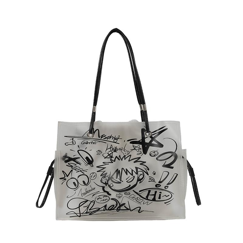 

Streetwear Graffiti Clear PVC Tote Bags for Women Large Waterproof Shoulder Bag Casual Y2K Aesthetic Transparent Bag чёрный