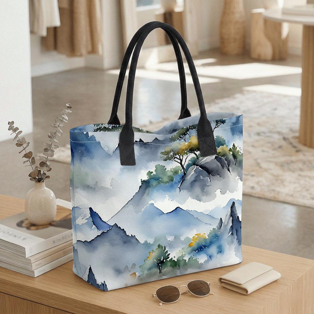  Watercolor Landscape Tote Bag Large Capacity Aesthetic Daily Shoulder Bag for Women Casual Travel Commute Portable Handbag