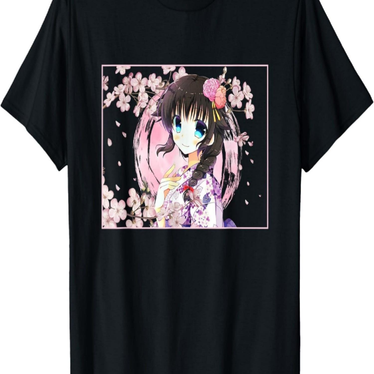Cute Design  Anime Girl Manga Otaku Cherry Blossom T-Shirt S чёрный