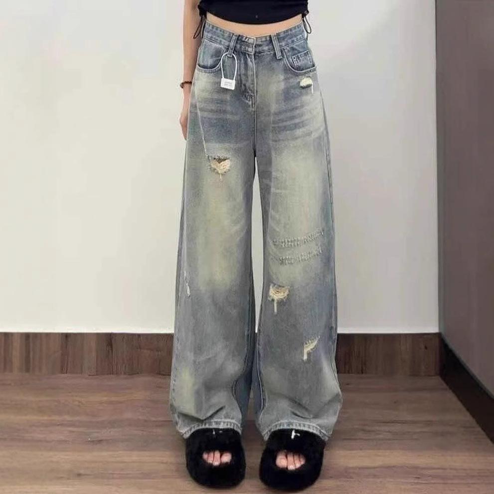 Comfortable Broken Holes Jeans Women Pear Shaped Body Large Size Skinny High Waist Loose Broad Leg Trousers Jeans for Women Long Denim Pants