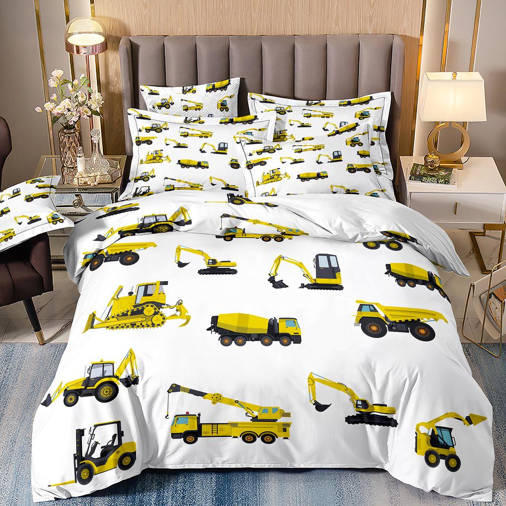Construction Vehicle Excavator Truck Fire Truck 3D Digital Printing Bed Three-Piece Quilt Kit