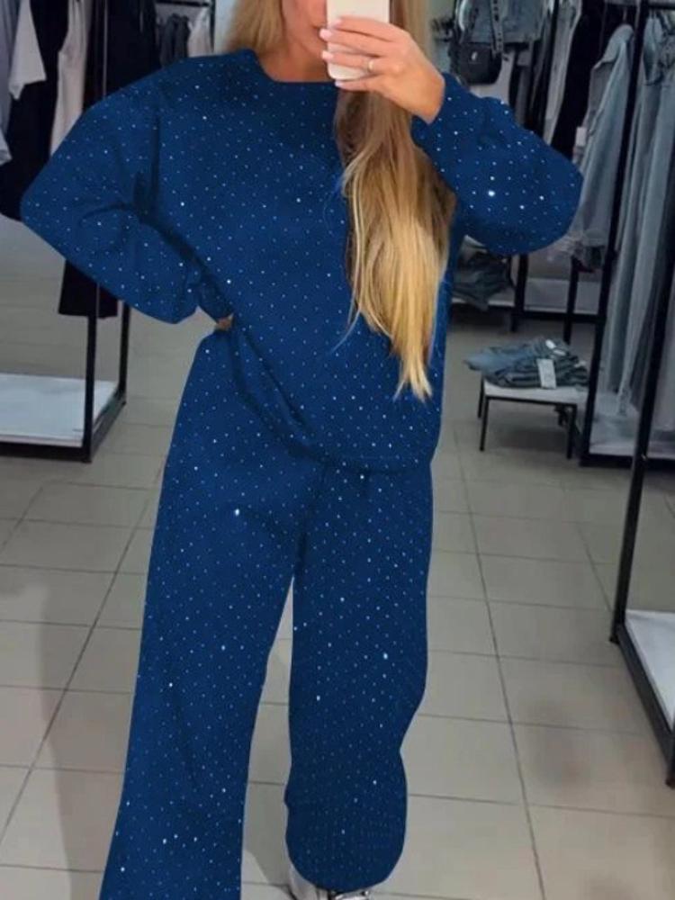 Damen einfarbiges Trainingsanzug-Set, lässiges Langarm-Oberteil mit Hose mit weitem Bein