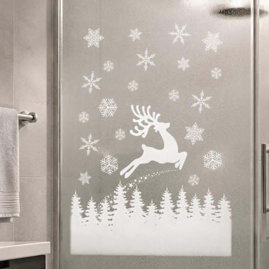 Christmas Window Clings White Elk Clings, Snowy Xmas Tree Windows Stickers, Shop Display Winter Forest Trees Decorations for Party Home Office