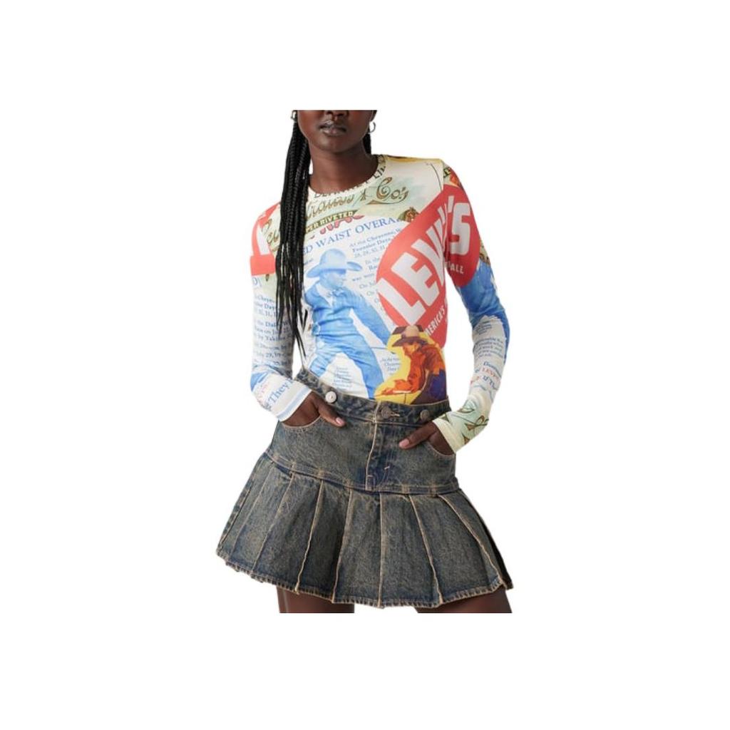 Levis Letter Print Pattern Round Neck Pullover Slim Fit Long Sleeve T-Shirt Women Tops Multicolor 000E70000