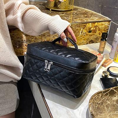 Black Plaid Square Makeup Bag Large Capacity Soft Leather Texture Storage Bag Women's New Fashion Simple Style Solid Handbag
